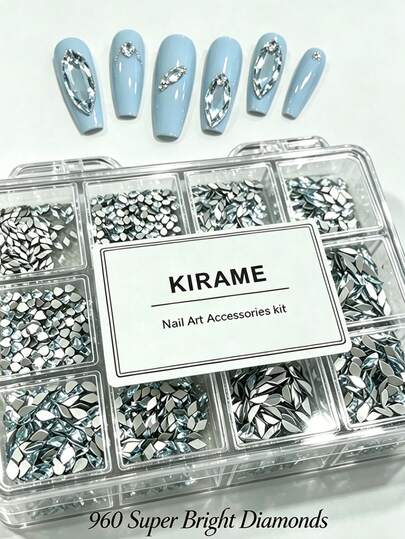  KIRAME 960pcs Light Blue Rhinestones - 12 Styles DIY Nail Art Tool Kit, Includes 1 Dotting Pen, 1-5mm Sparkling Nail Gems, Suitable For Nail Salons, Nail Suppliers, Mother's Day, Christmas, New Year, Holiday Gifts