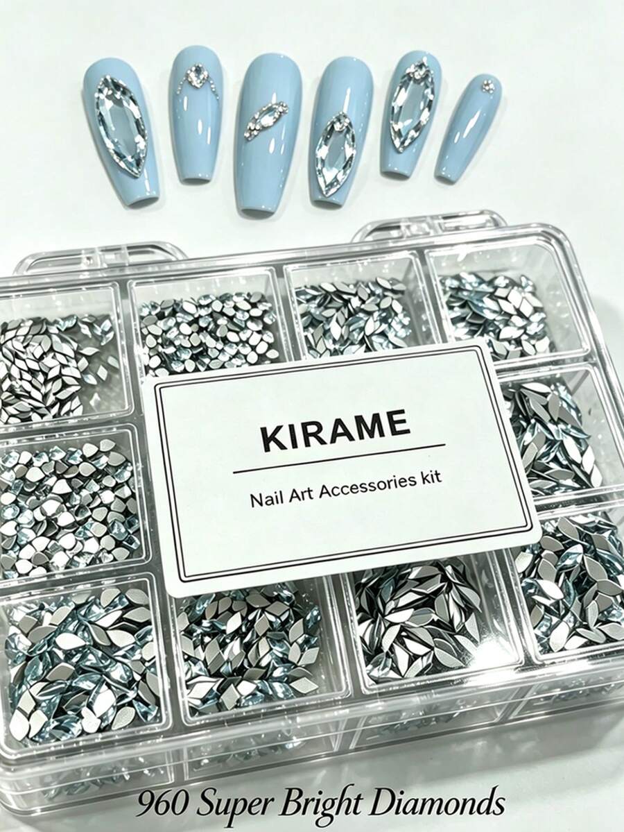 KIRAME 960顆淺藍色平底水鑽，高品質超亮美甲寶石套組，含1個點花工具，1-5mm亮面美甲水晶，適用DIY居家美甲、美甲沙龍、美甲用品、夏季與旅行美甲、節日禮物