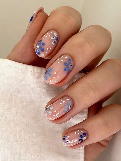 24pcs Blue Floral Minimalist Fresh Short Oval Fake Nails, Wearable Removable Full Coverage Artificial Nails, Suitable For Party, Wedding, Daily Wear