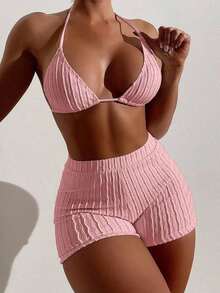 2 piezas Conjunto de bikini de unicolor con textura, tipo halter, adecuado para vacaciones de verano en la playa - Rosa - Ver 5