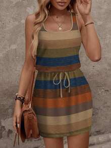 Vestido corto casual de mujer con estampado de rayas de contraste, adecuado para vestido de vacaciones de primavera/verano, vestido elegante para salir, casual - Multicolor 2 - Ver 4