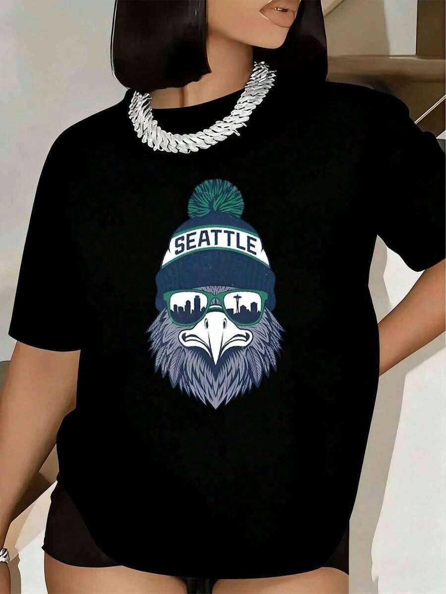 Women's T-Shirt With Seattle Eagle Print, Hat And Sunglasses, Short Sleeve, Round Neck, Casual, Streetwear, 220g - 黑色 - 查看 1