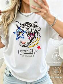 180g Made In Mexico, Spring/Summer 2026 Fashion Short Sleeve T-Shirt, Cartoon Print, Couple Style, Underwear/Outerwear, Casual Round Neck For Office, Unisex One Piece Top - 白色的 - 查看 7