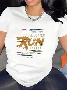 Short Sleeve T-Shirt For Home Gym | Durable And Comfortable With Inspirational Quotes, Ideal For Workout Sessions, Enhance Your Fitness Routine In Style, Crew Neck, Medium Stretch Fabric, Printed Women's Standard Size Casual T-Shirt Breathable Lightweight Short Sleeve Tee Blouses For Women Shirt - 白色 - 查看 1