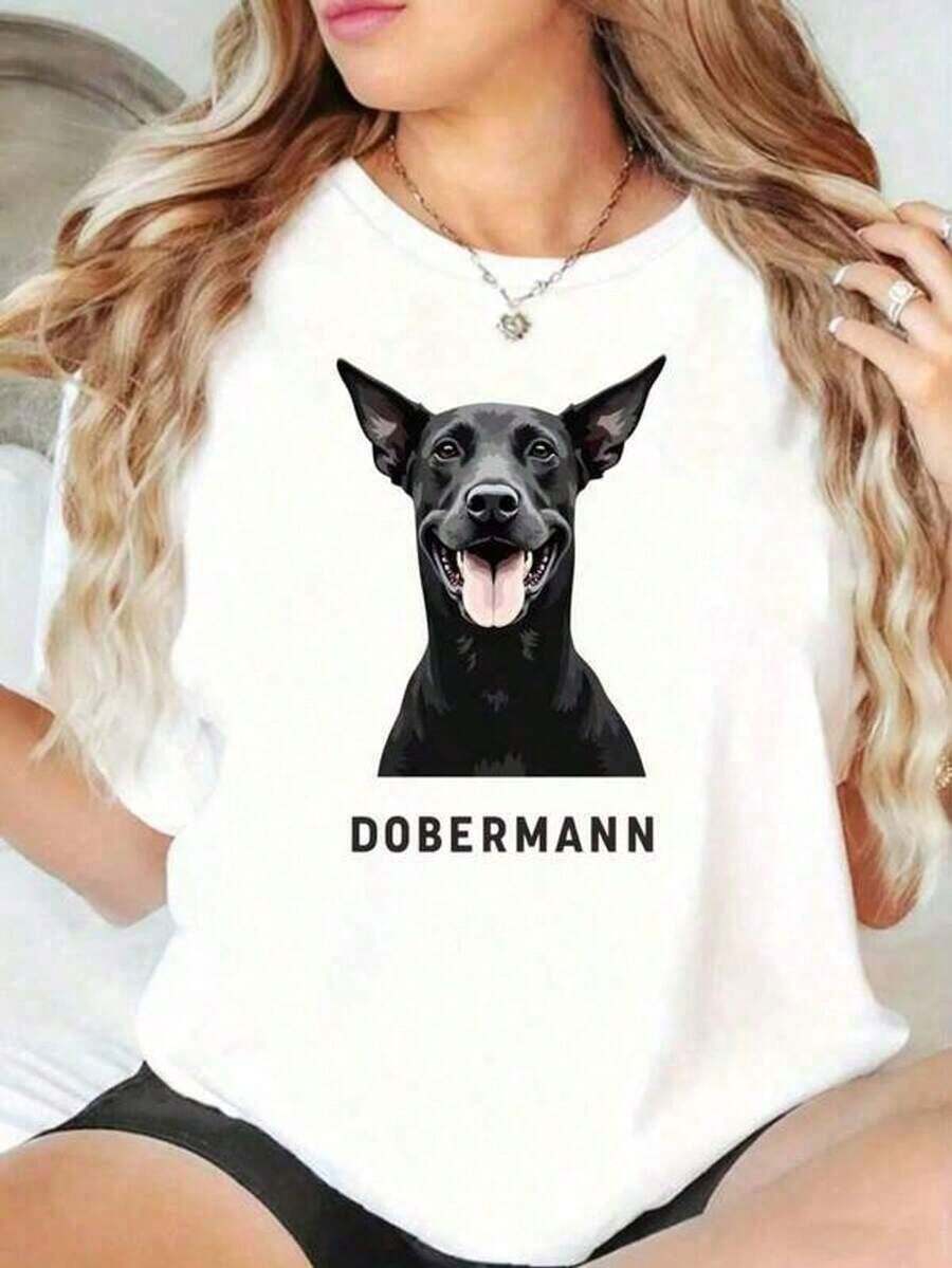 Women's Casual Graphic T-Shirt - Short Sleeve Casual T-Shirt With Doberman Design - Print For Women, Perfect For Spring And Summer Wear. Women's Short Sleeve Crew Neck T-Shirt With Print, Suitable For: Sporting Events/Holiday Parties/Outings/Sports And Other Holiday Gifts. T-Shirt Blouses For Women > Shirt - 白色 - 查看 1