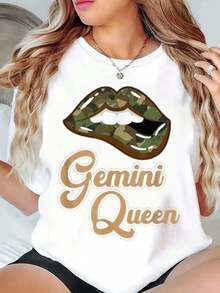 Casual Wear Unisex T-Shirt With Camouflage Lips Graphic Print And Gemini Queen, Round Neck, For Casual Wear, Party Outfits, Daily Fashion, Gift For Family And Friends, Elegant Style For All Four Seasons, Comfortable Everyday Wear, Bohemian T-Shirt, Blouses For Women>Shirt - 白色 - 查看 7