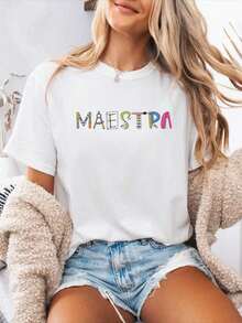 1 Piece Women's Casual Short Sleeve T-Shirt, Spring-Summer, Round Neck, Full English Alphabet Letter Print Blouse, Relaxed Fit, Opaque Top For Casual Outfit, Machine Washable, Spring-Summer Wardrobe Essential, 100% Cotton, 180g. - 白色 - 查看 8