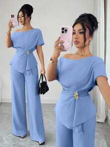 onjunto de primavera/verano para mujer con pantalón ancho de una sola manga con hebilla metálica en la cintura, adecuado para uso diario, bodas, galas, ir al trabajo, fiestas de graduación, vacaciones, citas, fiestas, Halloween, Navida - Celeste - Ver 8