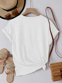 Women's Clothing Casual Knit T-Shirt For Women, Short Sleeve, Round Neck With Bright Infinity Print, Loose Fit With Dropped Shoulders, Style St Women's Shirts - 白色的 - 查看 3