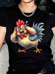 New Arrivals For Summer. Women's Funny Scared Rooster Graphic T-Shirt - White T-Shirt With Red Comb And Feet - Soft And Breathable Fabric For Casual Everyday And Party Wear - Machine Washable, Summer T-Shirts For Everyday Use, Fun And Original Garment, Cartoon Print T-Shirt, Durable Construction, Crew Neck T-Shirt, Fashionable Blouse For Women, T-Shirt > Beautiful. - 黑色 - 查看 10