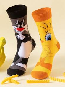 Noctvar OBM Sleepwear X LOONEY TUNES 2 pares de calcetines de media caña para hombre con estampado de gato y hermano, diseño de dibujos animados de Looney Tunes, calcetines deportivos casuales y versátiles de verano, resistentes al olor y absorbentes de sudor, con estampado de conejo loco, adecuados para estudiantes/adultos como regalo y uso diario, estilo de pareja - Multicolor - Ver 3