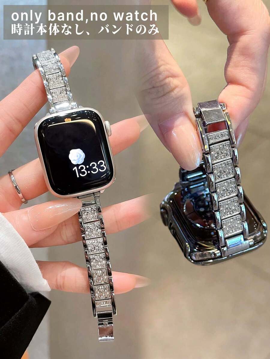 Huastonband 1件薄款滿鑽金屬錶帶 銀色，適用於 女款銀色錶帶 38/40/41mm，42/44/45/4649mm 滿星鑽金屬錶帶 適用於 Series S11/S10, S9, S8, SE, S7, S6, S5, S4 Ultra 3 2 1 SE，密集水鑽裝飾 奢華閃亮輕奢風，夏季海灘銀色飾品女款配件
