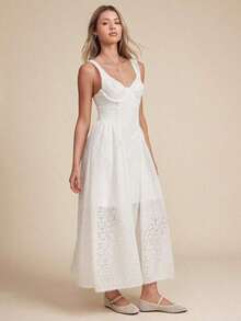 x Tata & Beatriz  Vestido midi sin mangas con ajuste entallado y vuelo, escote corazón, copas con aros, bordado con conchas marinas, cintura baja, ideal para primavera y vacaciones en la playa - Blanco 2 - Ver 3