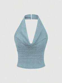 corto de camisola de punto metálico con lentejuelas para mujer, top sexy de espalda descubierta y ajustado al Body - Niebla azul - Ver 1