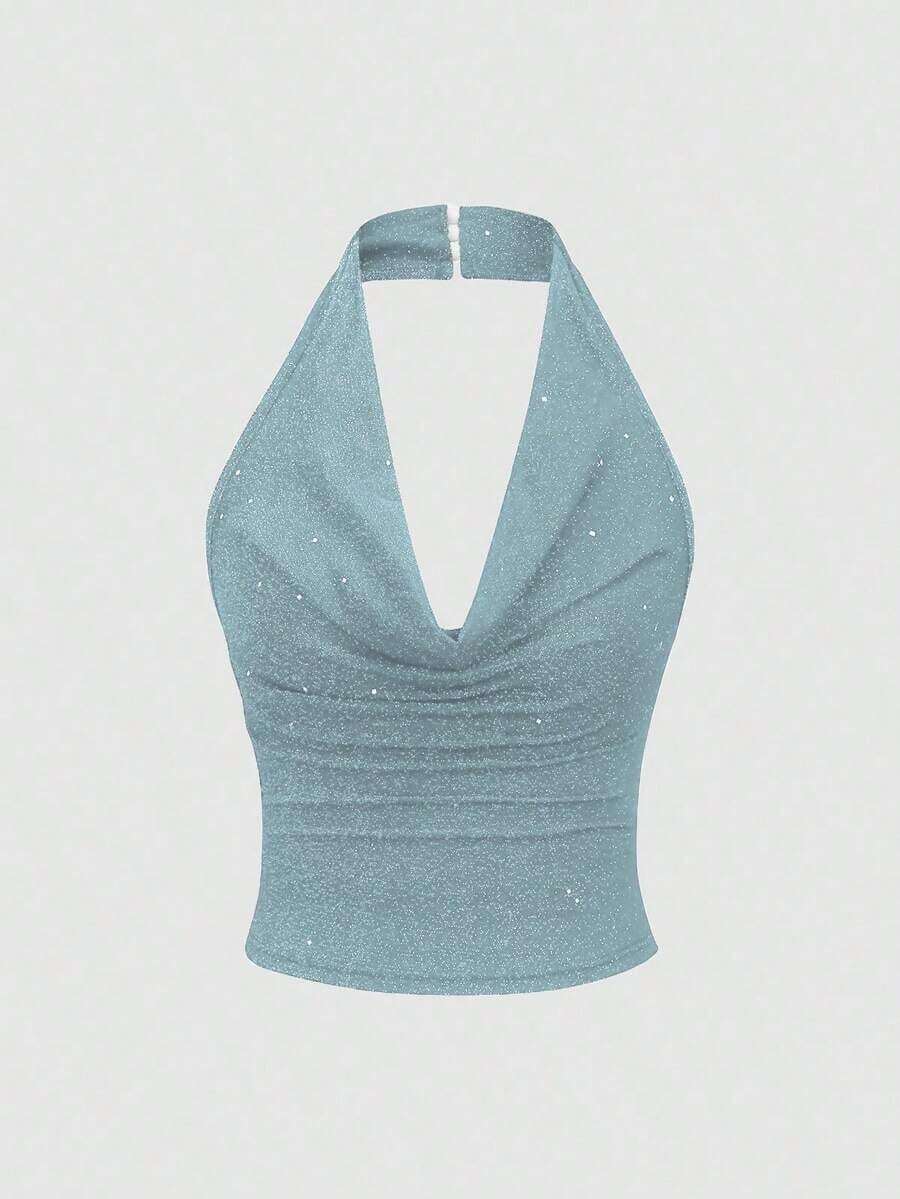 corto de camisola de punto metálico con lentejuelas para mujer, top sexy de espalda descubierta y ajustado al Body - Niebla azul - Ver 1