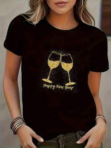 Nueva Camiseta Moderna con Estampado de Copas de Vino - Negro - Ver 1
