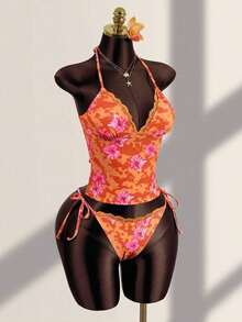 Conjunto de bikini de dos piezas con estampado floral tropical, parte superior tipo bandeau con tirantes atados y detalles de encaje para mujer, ideal para vacaciones de verano y playa - Multicolor - Ver 3