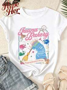 HypeHer Women's New Summer 2026 T-Shirt, Short Sleeve, Regular Crew Neck, Casual Monorail Theme Print, Cotton Blend, Ideal Gift For Girls Or Moms, Summer Fit For Women. Breathable And Comfortable. - 白色 7 - 查看 6