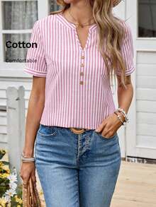Blusa casual de mujer con escote de ojo de cerradura a rayas - Rosa - Ver 8