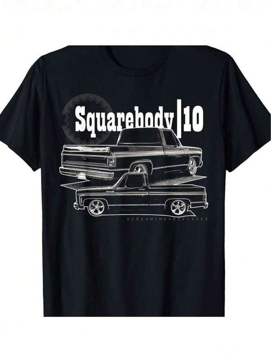 Classic Trucker Graphic Tee, Boxy Cut, Short Sleeves, Crew Neck, Casual Style, Cartoon Design, Knit Fabric, Washed. This Black Graphic Tee, With Its Crisp, Streamlined Cut, Creates A Clean And Dynamic Look. Its Relaxed Yet Flattering Silhouette Suits All Body Types, Offering A Style That Is Both Casual And With A Touch Of Sophistication. - 黑色 - 查看 1