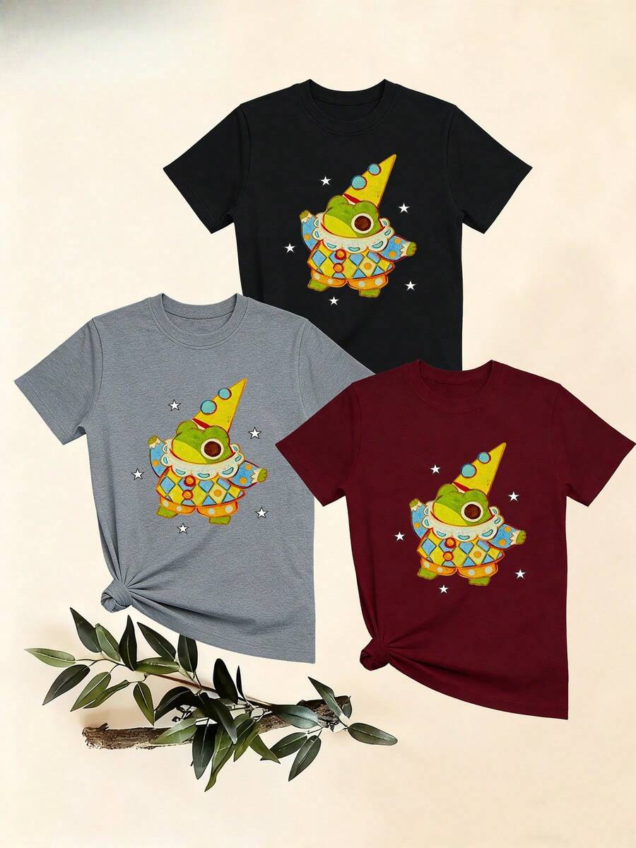 Women's T-Shirts, Women's T-Shirts, Casual One-Piece T-Shirt With A Cute Frog And Clown Print, Comfortable And Breathable, Suitable For Everyday Wear. - 1件黑色隨機圖案 - 查看 1