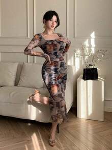 Vestido con estampado floral de primavera y verano, vestido elegante de manga larga transparente con dobladillo de sirena ajustado para festival de música, boda, fiesta, vestido de paseo - Gris - Ver 1