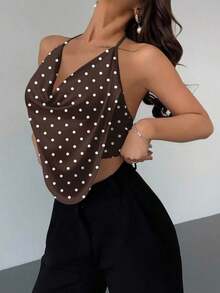 Top de cuello halter para fiesta sin espalda con fornteras drapeadas y diseño sólido - Marrón - Ver 8