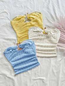 3 piezas Parte superior de camisola acortada con textura de punto para mujer con decoración de hebilla metálica con forma de corazón hueco, ajuste ceñido, adecuado para Navidad, cita nocturna, discoteca, playa, crucero, té de la tarde, estilo bohem - Multicolor 2 - Ver 2