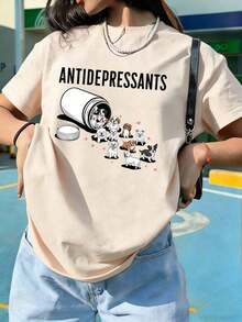 Camiseta de manga corta con cuello redondo estampada con "Anti-Depresivo" de perro lindo.Nueva camiseta de manga corta con cuello redondo holgada y versátil de estilo minimalista y casual con estampado lindo, adecuada para uso diario y de vacaciones. - Albaricoque - Ver 6