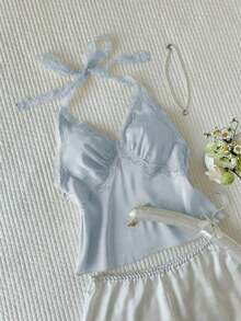 Top halter sin espalda con parches de lunares y encaje para mujer - Azul - Ver 6