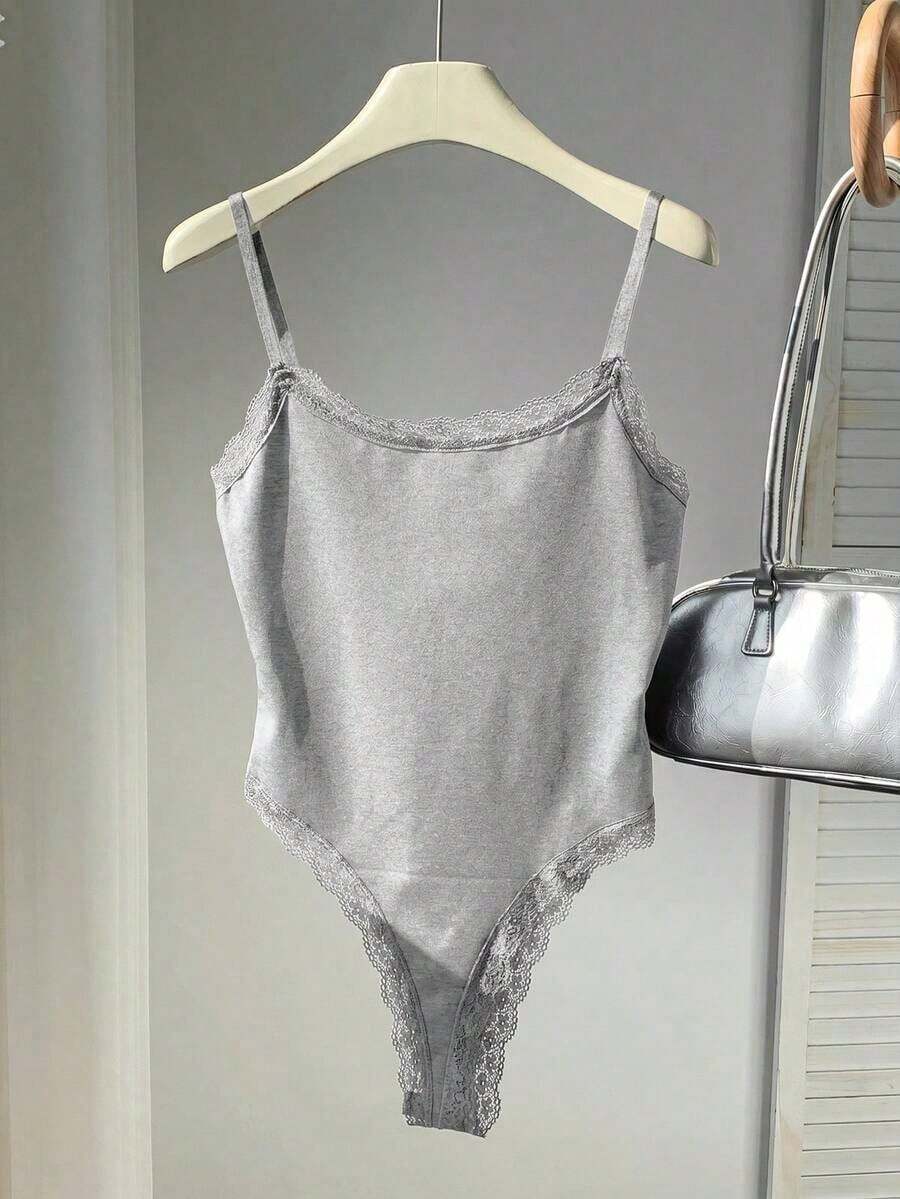 Body Con Tirantes Finos Y Ribete De Encaje Para Mujer - Gris Claro - Ver 1