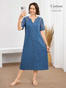 Vestido casual diario de encaje y parches para mujer, primavera y verano - Azul - Ver 1