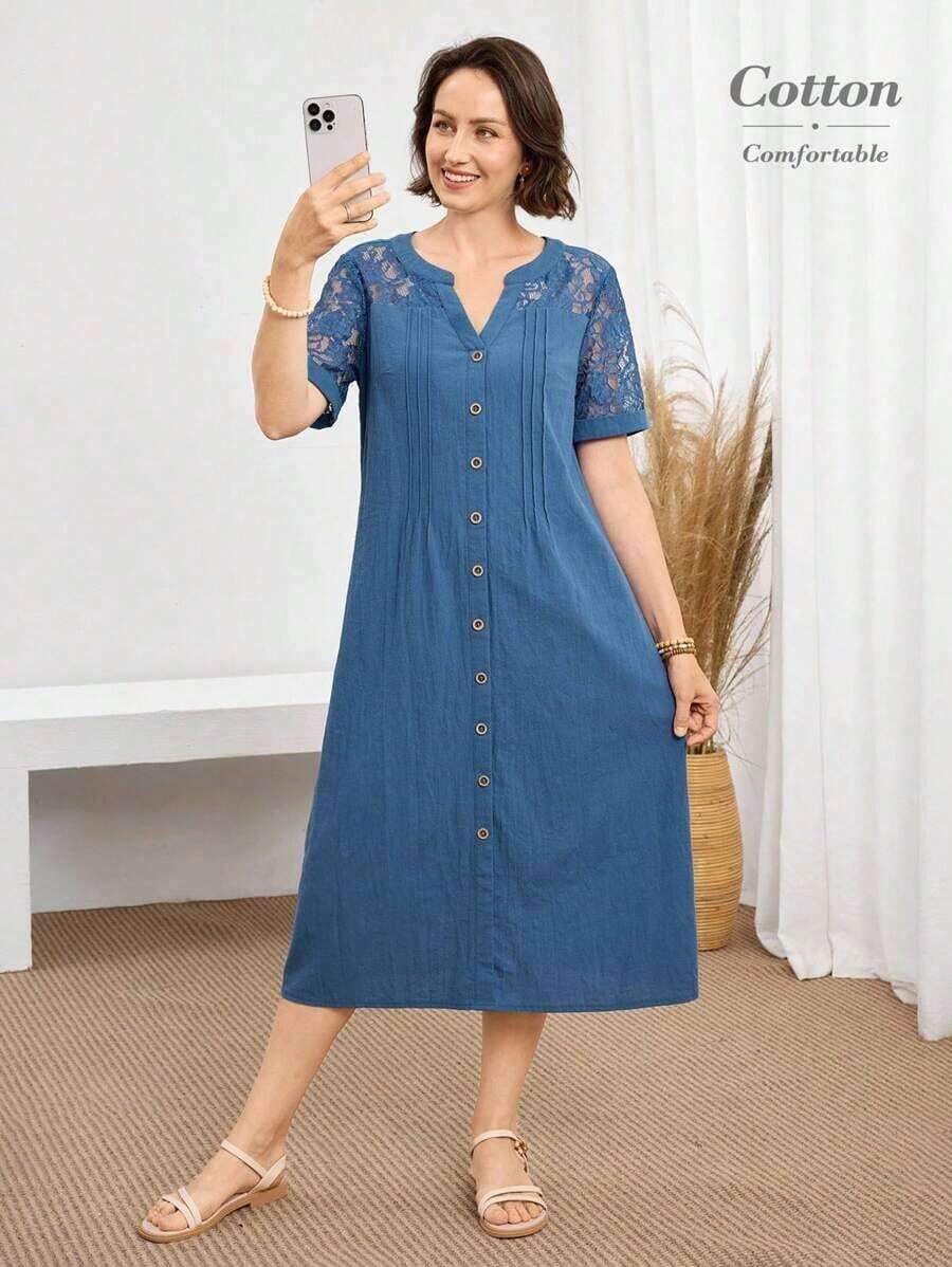 Vestido casual diario de encaje y parches para mujer, primavera y verano - Azul - Ver 1