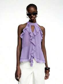 Elegant Solid Color Halter Top With Ruffles For Women - Purple - View 12