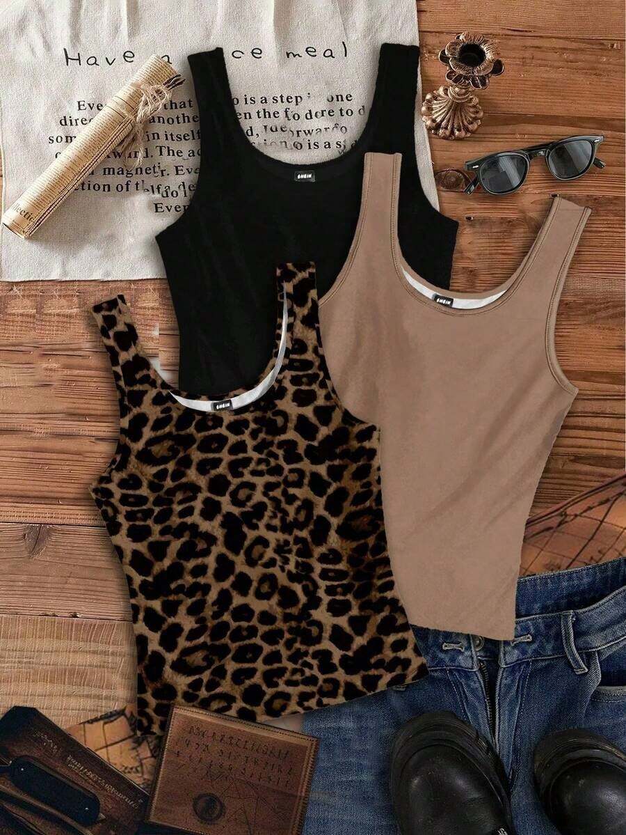 Set de 3 camisetas de tirantes de cuello redondo casuales para mujer, versátiles para el verano - Multicolor 7 - Ver 1