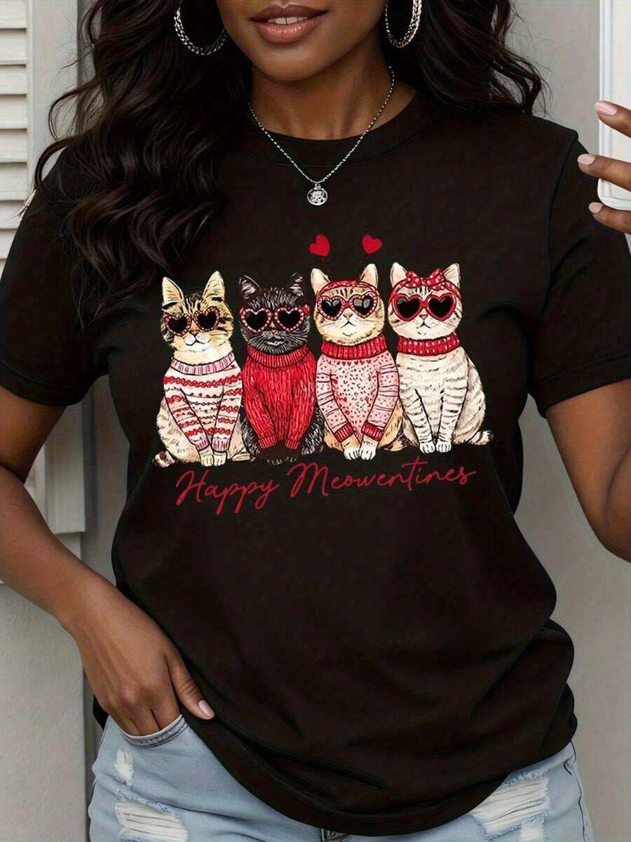 1 Piece Christmas Sweater For Cats "Happy Meowventines" Festive T-Shirt For Women With Adorable Kitten Design Valentine's Day Gift 180g 100% Cotton - 黑色 - 查看 1