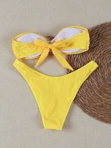 Nuevo conjunto de bikini negro sólido, sexy, elegante, casual, para playa, vacaciones y citas, sin tirantes, para primavera/verano - Amarillo - Ver 2