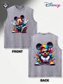 Official Disney Licensed Mickey Mouse Graffiti Splash Paint Hip Hop Headphone Sneaker Graphic Washed Cotton Sleeveless Tank Top For Men Vintage Distressed Crew Neck Vest Retro Urban Streetwear Colorful Pop Art Print Loose Fit Summer Casual Daily Wear Music Party Outfit Classic Disney Character Mens Nostalgic Sleeveless Tee - Grey - View 2