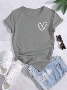 Women's T-Shirt With Heart Print And Round Neck - Gray - View 1