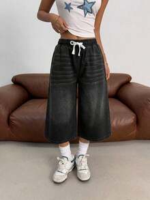 Pantalones vaqueros anchos de cintura con cordón de mezclilla elástica desgastada a la moda Y2K para adolescentes, pantalones cortos bohemios de verano para playa y vacaciones para niñas, conjuntos informales de verano para conciertos y festivales, - Negro - Ver 6