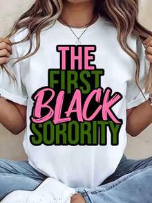 Women's T-Shirt With Black First Sorority Print, Round Neck, Casual Style For College Party, Gift Aka Sorority, 220g - Urban Vintage Style, Unisex, Loose Fit, Cotton, Short Sleeve, Round Neck, 100% Pure Cotton - 白色 - 查看 1