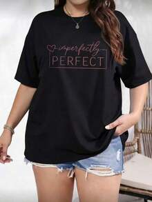 Women's Plus Size Oversized T-Shirt, Short Sleeve Round Neck With Print, Casual Blouse - Hitam - View 1