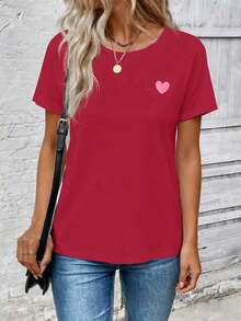 Women's Casual Short-Sleeved T-Shirt With Round Neck And Heart Print, New Spring-Summer Collection. Very Popular New Arrival. - 胭脂 - 查看 4