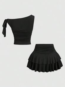 Conjunto de top de tirantes y minifalda plisada y con decoración de flores metálicas para mujer, ideal para el verano - Negro - Ver 2