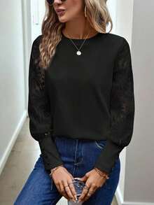 Blusa de mujer con mangas de encaje floral, parches y tejido de gofre, color blanco - Negro - Ver 1