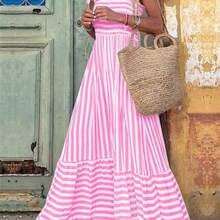 Women's Shoulder Strap Chest Gathered Striped Dress Maxi Vacation Beach Outfit - Amarillo - Ver 2