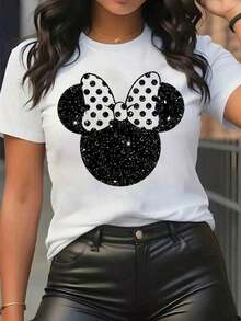 Licensed Disney Best-Selling Women's T-Shirt With Star Dot Pattern And Mickey Mouse Head With Bow Tie. Short-Sleeved, Round-Neck T-Shirt, Casual, Comfortable, Stylish And Versatile, Perfect For Spring And Summer. - 白色 - 查看 1