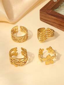 4pcs/Set Stainless Steel Gold 5-Petal Flower Open Ring Set, Suitable For Daily Wear Or As Gift For Friends - Yellow Gold - View 4