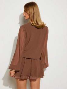 Vestido corto de manga larga con cuello en V de unicolor casual para mujer - Café integral - Ver 2