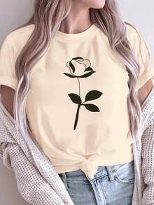 Nueva Camiseta Holgada para Mujer con Rosa Negra para el Día de San Valentín, Cuello Redondo Versátil de Manga Corta para Primavera/Verano, Tela Cómoda y Transpirable, Estilo Casual, Suave y Deportivo. - Albaricoque - Ver 1